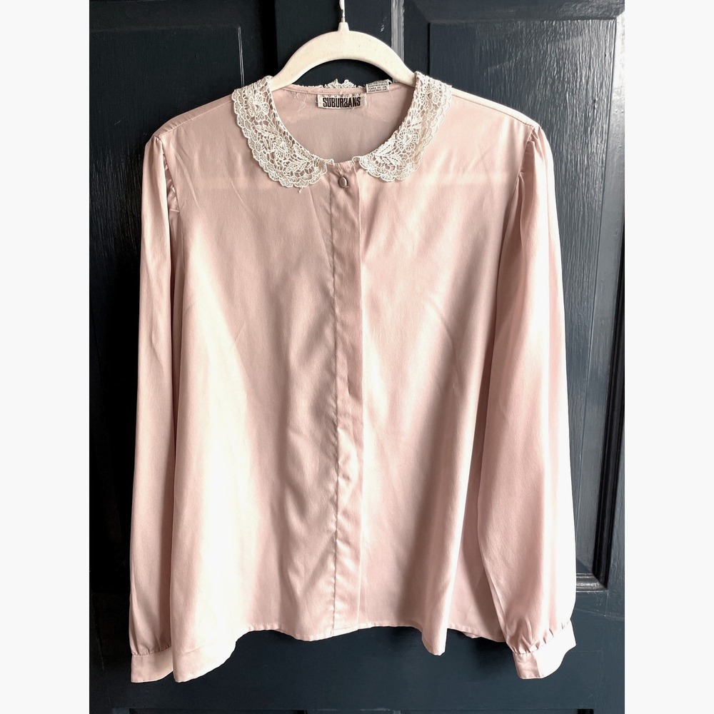 Vintage Pink Blouse Lace Peter Pan Collar‎ Country Suburbans 1980s Size 10